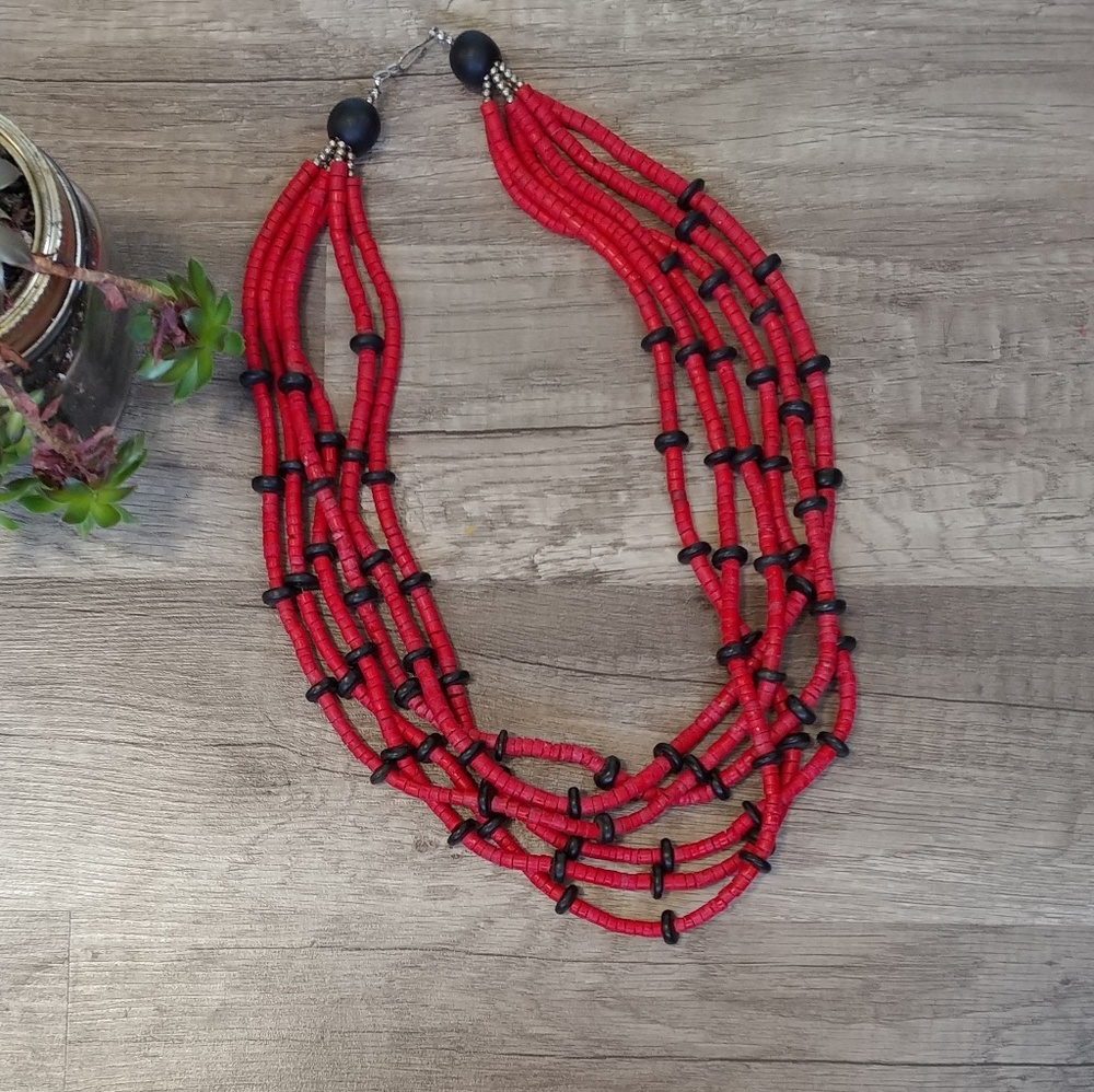 Vintage red and black wood bead necklace